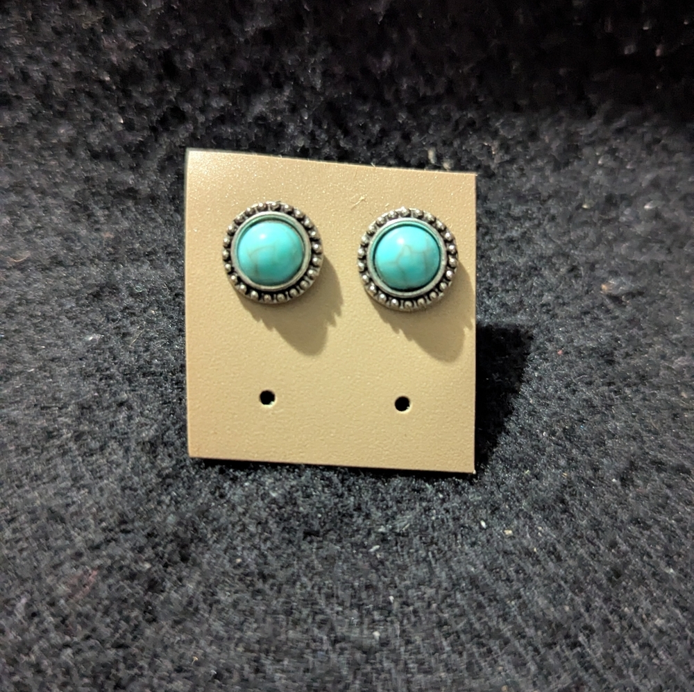 Silver Tone Turquoise Blue Color Round Dainty Delicate Stud Statement Earrings
